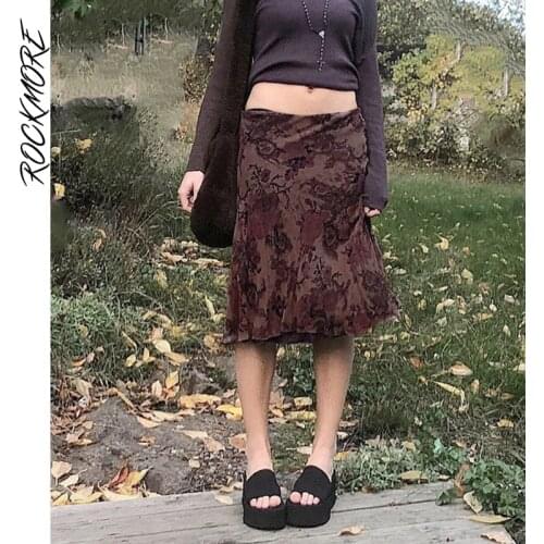 Rockmore Fairy Grunge Low Waist Midi Skirt Y2K Vintage WomenS Print Skirt Aesthetic Long Skirt Korean E Girl Gothic Summer 90s