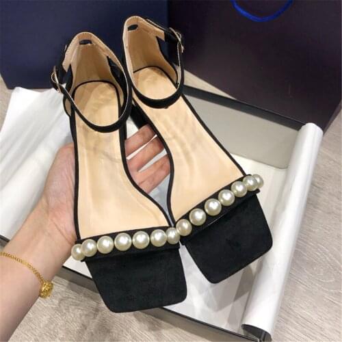 Kmeioo summer elegant pearl sandals ankle strap chunky heels open toe med heel shoes for women dress buckle strap sandals