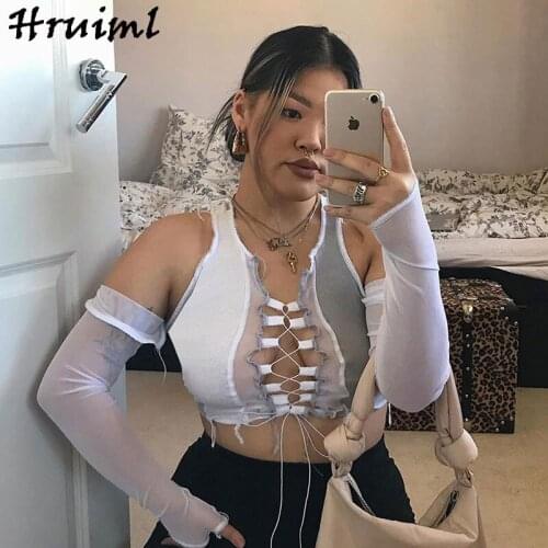 Shirts Women 2020 Mesh Patchwork Knitted Criss-Cross Bandage V Neck T Shirts For Women Hollow Out Sexy See Through T-Shirt Women
