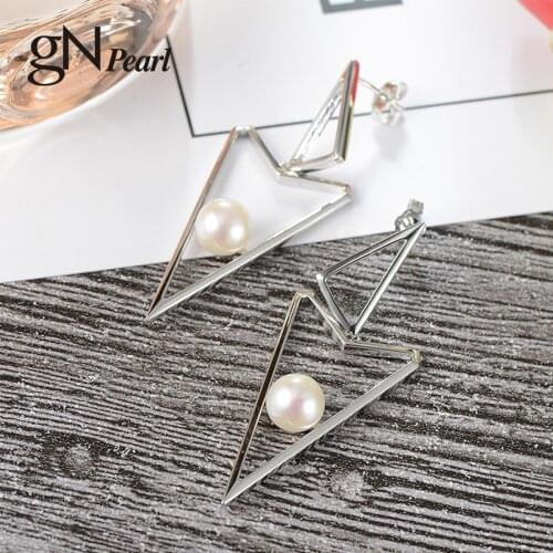 GN Pearl 925 Sterling Silver Drop Earring Stud Tennis Racket Design 2021 Trend gNPearl 6-7mm Real Freshwater Earrings Jewelry