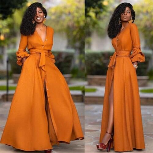 Sexy V Neck Women Dresses 2021 New Long Sleeves Orange Party Gowns Floor Length Buttons Slim Fit Dress