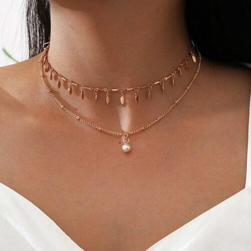 2 Pcs/Set Fashion Gold Sequins Tassel Choker Necklace for Women Imitation Pearl Pendant Necklace Party Jewelry Accessories