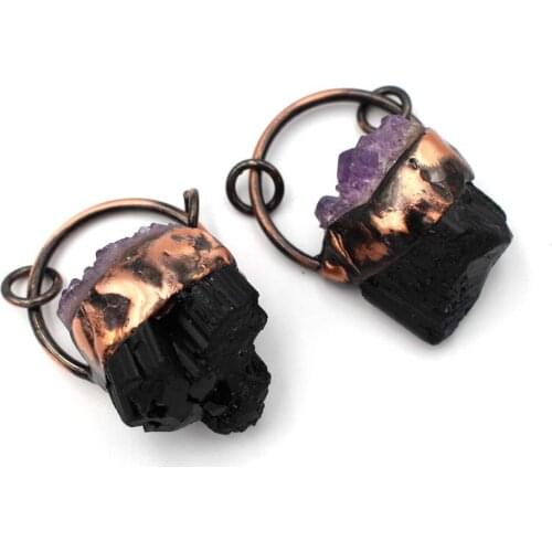3pcs Quality Irregular Healing stone Pendant Natural Black Tourmaline Stone Rock Amethyst Crystal Cluster Pendant Vintage Plated