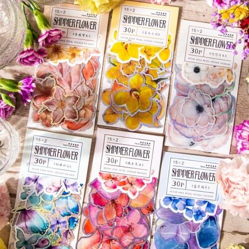 30 Pcs Shining Hot Silver Flower Sticker Pack DIY Kawaii School Journal Sticker Petal Butterfly Decoration Scrapbooking Supplies