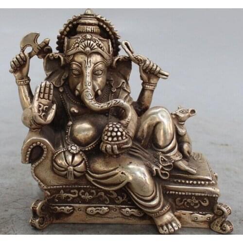 6" lucky Chinese Tibet Silver 4 Arms Ganesh Elephant Mammon Buddha Mouse Statue S0706