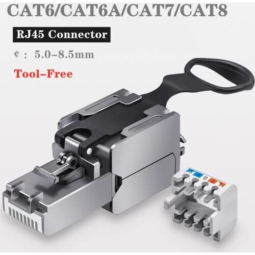 Cat8 Cat7 Cat6A Cat6 RJ45 Adapter Tool-Free Zinc Alloy Shielded 8P8C RJ45 Termination Plug Compatible type Ethernet Cable