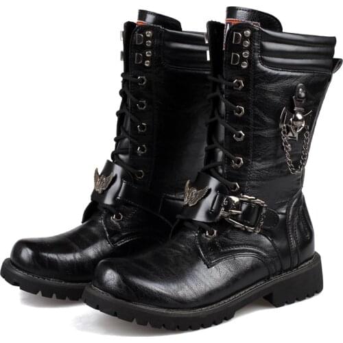Army Boots Men Military Boots 2019 Leather Winter Black cowboy snow Metal Gothic Punk Boots Male Shoes Motorcycle boots
