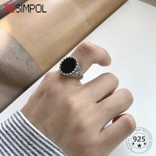 Besimpol Real 925 Sterling Silver Black Onyx Rings For Women Stylish Chic Vintage Agate Open Rings Luxury Wedding Ring Jewelry