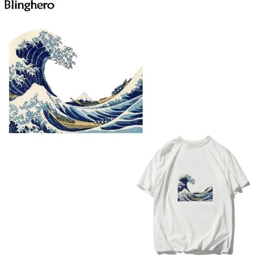 20pcs/lot Blinghero Kanagawa Wave Heat Transfer Patches Cool Iron-On Transfers Shirt Jacket Thermal Ironing Stickers BH0358