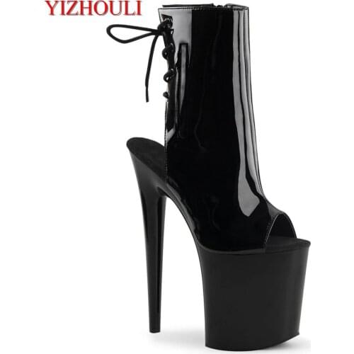 Toasted lacquer sole 20cm high heel, 8 inch banquet stage show thick heel boots, fish mouth outside zipper, ankle boots