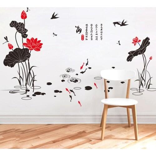 Lotus Flowers Flying Birds Dragonfly Swimming Fish Wall Stickers Traditional Chinese Culture Wall Decals Home Decor Wall Posters