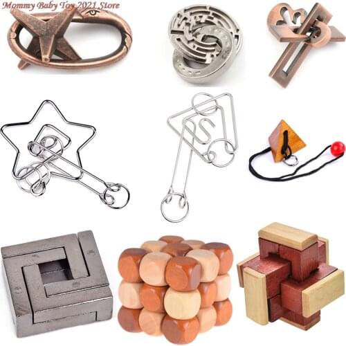 DIY Wooden Metal Toys Classic IQ 3D Wooden Interlocking Burr Puzzles Mind Brain Teaser Game Toy for Adults Children Gift