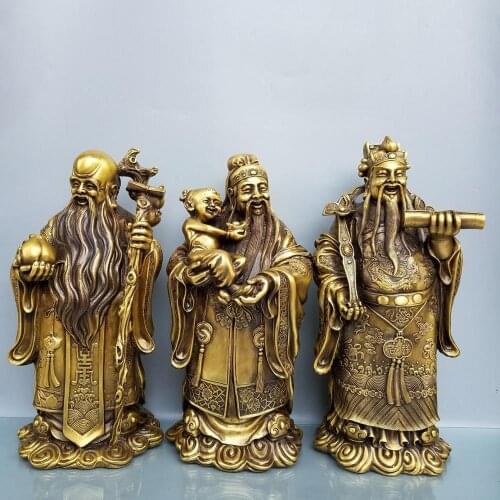 14" Chinese Seikos Brass Buddha statues of the three gods of wealth Symbol of happiness, auspiciousness and longevity Lucky