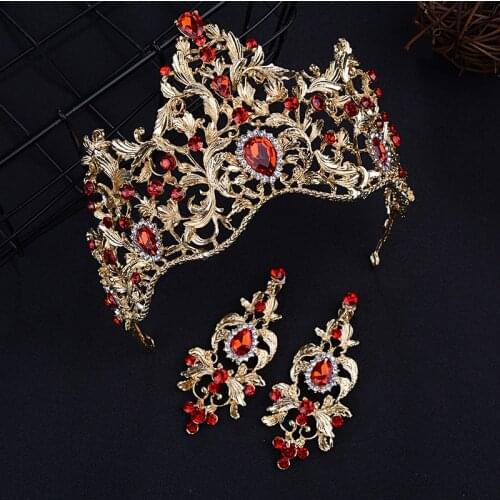 Red Wedding Crown Gold Royal Bridal Tiara Queen Bride Crown And Earring Pageant Baroque Headband Princess Hair Jewelry Ornament