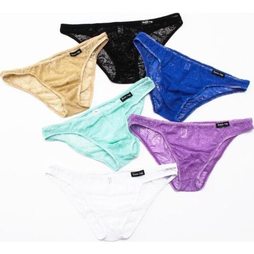 6Pcs/pack Mens Lace Bikini Briefs Sexy See Through Underwear Gay Underpants Lace Floral Underwear Jockstrap Cueca Homme Briefs