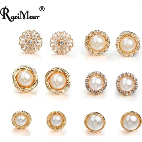 RAVIMOUR 6 pair/set Brincos Vintaget Simulated Pearl Stud Earrings Set for Women Fashion Gold Color Round Flower Jewelry Wedding