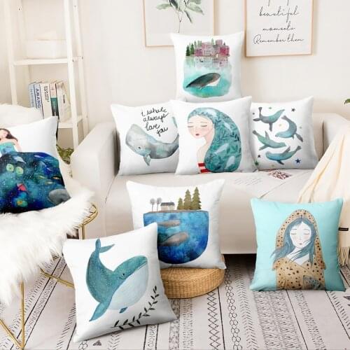 Cartoon Whale Printed Pillowcase Nordic Marine Cushion Decorative Pillow Home Decor Sofa Throw Pillows Home Pillow Decoration