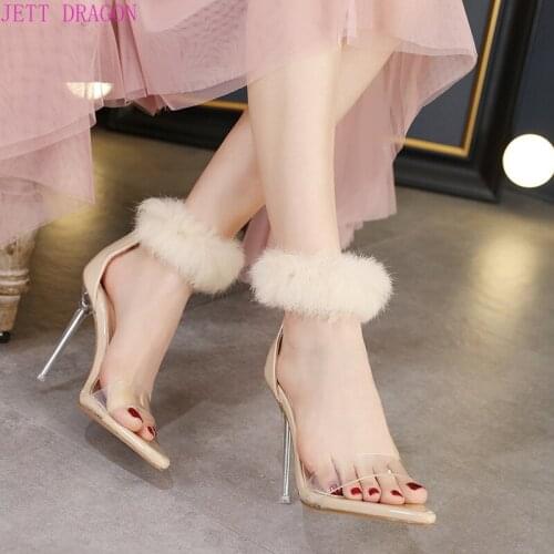 New European and American Stiletto Pointed Toe Womens Sandals Summer Sexy Hairy Open Toe Super High Heel Roman Womens Sandals