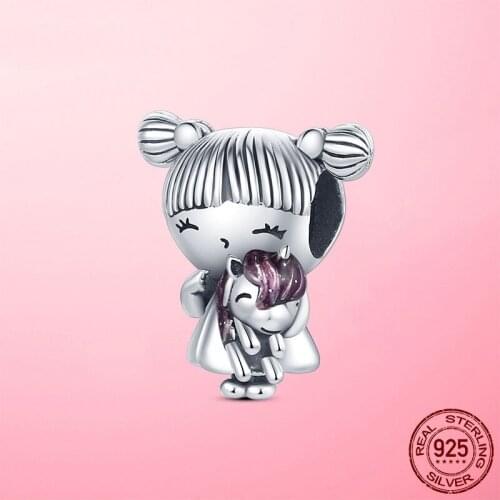 New Design Beads 925 Sterling Silver Beads Braids Little Girl With Unicorn Charm Fit Original Pandora Bracelet DIY Fine Jewelry