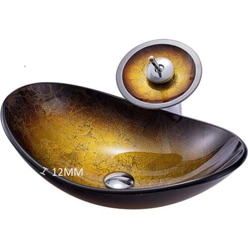 New Bathroom Black Mixer Tap Oval Sink Faucet Vessel Bathroom Glass Basin Vanity Waterfall Faucets Bath Accessaries W/ Drain