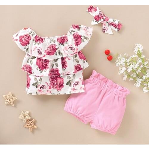 Baby Girl Clothes Off Shoulder Ruffle Floral Print Tops+Shorts Headbands Outfits Children Baby Girl Clothes Set Summer 3Pcs Set
