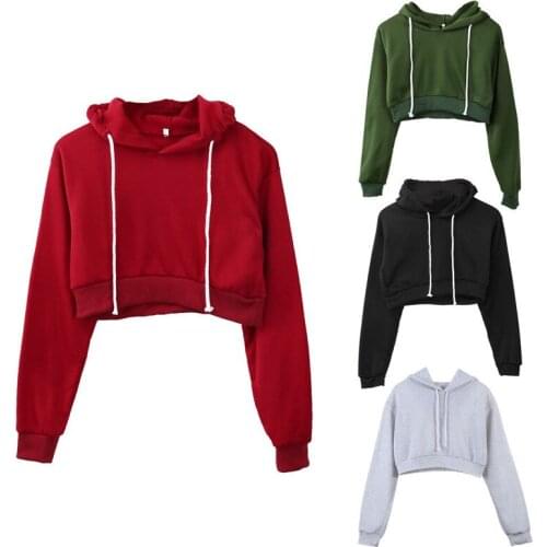 Direct Deal Women Plain Hangover Crop Top Hooded Full Hoodie Sweatshirt Sports Wear 5 Colors