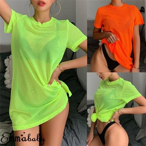 Sexy Women Sheer Mesh Bikini Cover Ups Swimwear Swimsuit Bathing Suit See Through Short Sleeve T-shirt Tops Summer Beach Dress