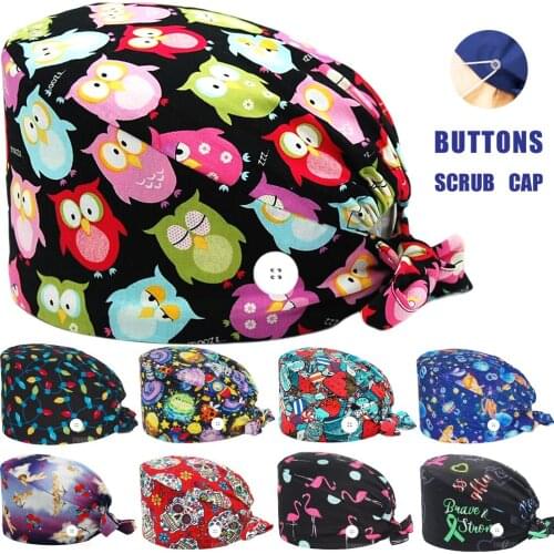 Women men Scrubs Cap Buttons 100% Cotton OWL Printing Scrub Caps Nurse Uniform Accessories Pet Shop Chef Lab Work Surgicals Hat