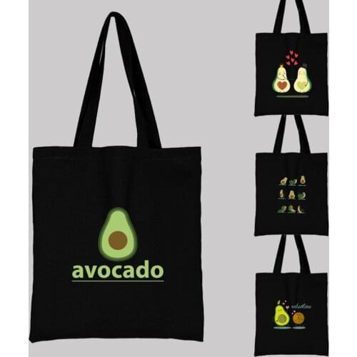 Women Shopping Bags Cute Avocado Cartoons Pattern Series Eco Shopper Shoulder Bag Fashion Black Printing Handbag Canvas Tote Bag
