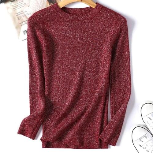 Shiny Solid Color Sweaters Women Autumn Winter O Neck Sweater Elastic Slim Knitted Sweater Women Basic Tops Pullover Pull femme