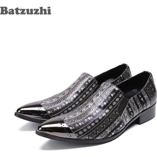 Batzuzhi Italy Style Mens Leather Shoes Pointed Metal Tip Luxury Formal Genuine Leather Dress Shoes Print Pattern Zapatos Hombre
