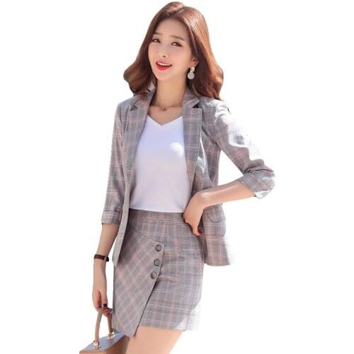 Spring and summer temperament business office OL womens plaid skirt suit fashion casual seven-point sleeve small suit two suit