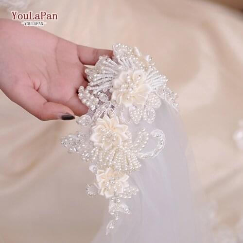 YouLaPan VS346 Beautifel Wedding Veil with Flowers Appliqued Pearls Bridal Veils and Headpieces Ivory Hair comb Women Wedding