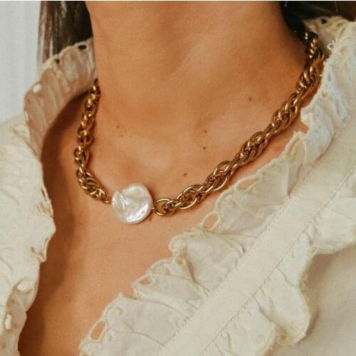 Genuine baroque fresh water pearl Coker Necklace Jewelry Punk Thick Rope Chain statement Necklace