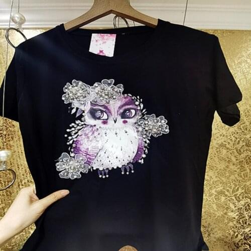 Heavy Industry summer Beaded Shiny Owl Sequined Flowers t-shirt women short sleeve Pure Cotton All-match top tees