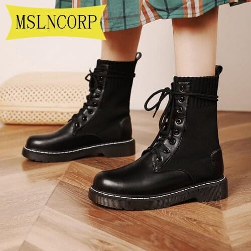 Plus Size 34-43 Winter Fashion Motorcycle Boots Flat Boots Woman High Heel Platform Genuine leather Boots Lace Up Women Booties