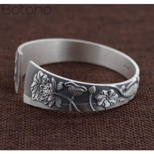 S999 sterling silver colour female bracelet Pisces lotus flowers bracelets retro Thai silver colour craft matte bracelet women
