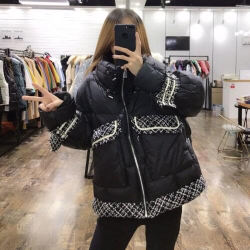 Pocket jacket down decoration winter coat women stand collar thick warm outerwear 90% white duck down short coats plus size