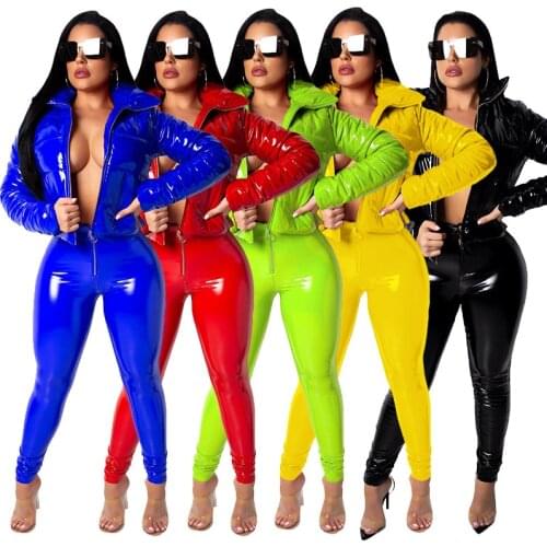 2021 Winter New Womens Cotton Coat Shiny PU Clothes Fashion Solid Color Zipper Coat Plus Size XXXL