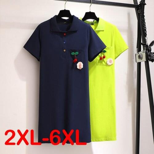 Summer Dress Women Plus Size Korean Short-sleeved Casual T-shirt Cherry Polo Collar Navy Dress