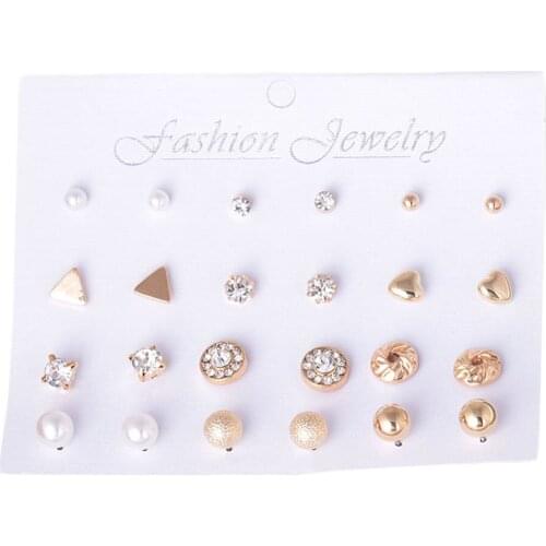 12Pairs/set Fashion Pearl Stud For Women Hot Selling Triangle/Star/Round Bow Small Earring Set Mix Ear Stud
