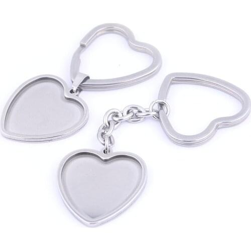 2pcs Stainless Steel Keychain Accessories 25mm Heart Cabochon Pendant Base Setting Trays Diy Metal Keyring Findings