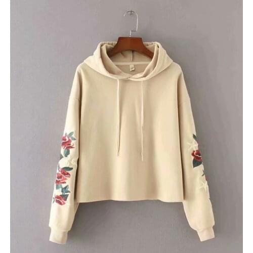 2021 Women Fashion Flower Rose Embroidery Long Sleeve hm Hoodies Chic Ladies Hooded Collar Drawstring Casual Cotton Pullover