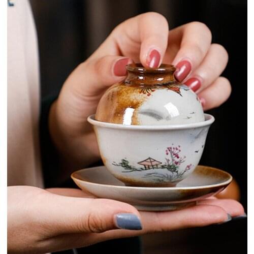 Antique wood-fired Sancai Gaiwan hand-painted big tea cover bowl Japanese household ceramic mini small single tea tureen