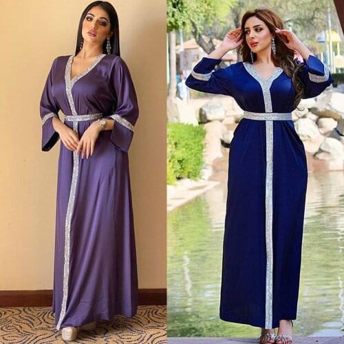 Satin Maxi Dress Jalabiya Women Diamond Kaftan Long Abaya Tie Waist Jilbab Muslim Islamic Clothes Turkey Dubai Gown Ramadan Robe