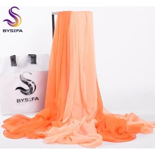 [BYSIFA] Winter Long Scarves New Brand Orange Yellow Gradient Satin Scarves Wraps Bufanda Ladies Patchwork Silk Scarf Shawl