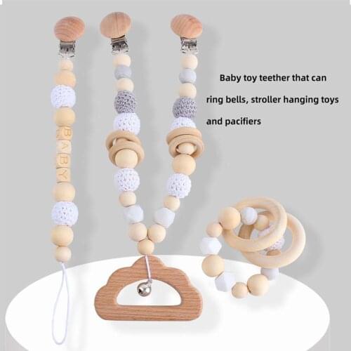 Cute Baby Pram Toy Wooden Rattle Pram Clip Baby Mobile Personalize Silicone Bead Pacifier Kid Chain Chewable Silicone Rattle Bab