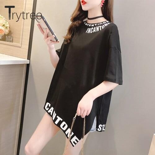 Trytree 2021 Summer Woman Casual T-shirt Letters O-neck Cotton Blend Long T-shirt Oversize Asymmetrical Split Hem Tops For Women