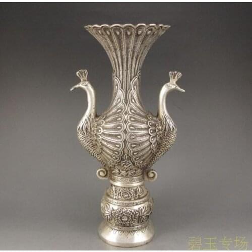 Chinese Silver Handwork 2 Peacock Shape Vases w Ming Dynasty XuanDe Mark