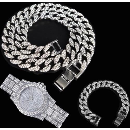 Hip Hop Iced Out Paved Rhinestones 15MM 3pcs Kit Miami Cuban Necklace+Watch+Bracelet CZ Bling Rapper Necklaces For Man Jewelry